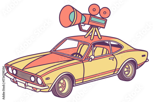 Retro car with vintage movie camera on roof