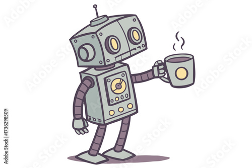 Robot holding a steaming cup of coffee