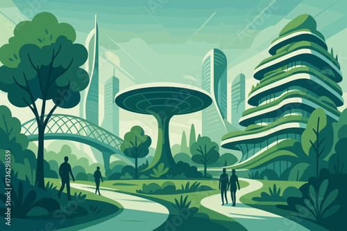 Futuristic urban landscape with modern buildings and lush greenery in a serene setting