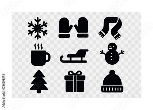 Winter icons collection including snowflake mittens scarf and more