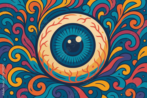 Artistic eye surrounded by vibrant swirling patterns in a colorful design