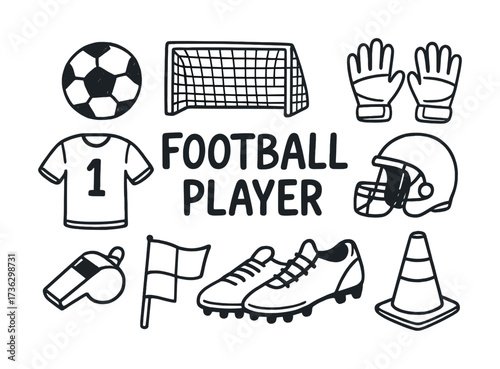 Football player equipment set: soccer ball, jersey, gloves, helmet, and more