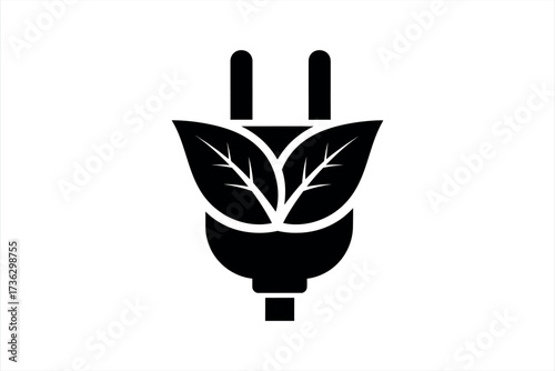 Black electric plug icon with green leaves on white background power plug leaf