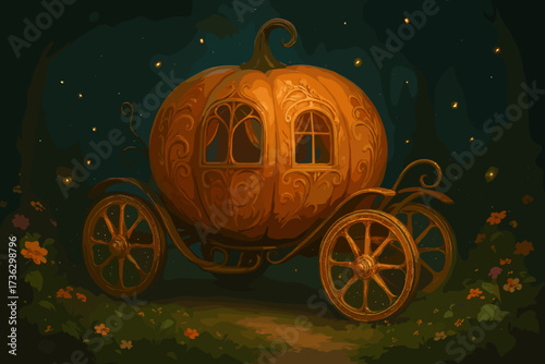 Enchanted pumpkin carriage illuminated by soft lights in a whimsical forest setting