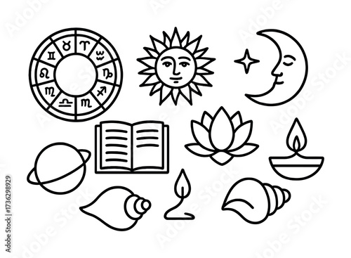 Astrology symbols including zodiac wheel sun moon planet shell lotus candle