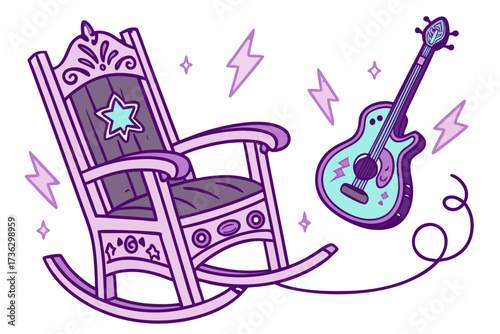 Rocking chair and electric guitar with lightning bolts