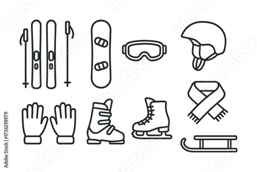 Winter sports equipment icons: skiing, snowboarding, accessories, and safety gear