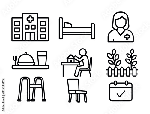 Healthcare facility icons: hospital, patient care, medical staff, nutrition, therapy, wellness