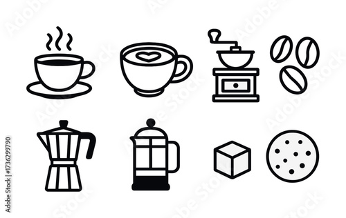 Coffee icons: cups, grinder, beans, espresso maker, moka pot, french press, sugar, biscuit