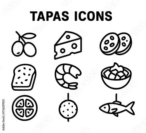 Tapas icons: olives, cheese, chorizo, bread, shrimp, patatas, pizza, snack, fish illustrations