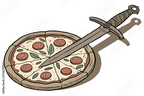 Pepperoni pizza with a sword stuck in it