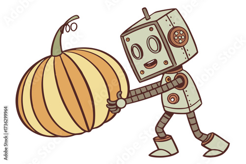 Cute robot pushing a pumpkin