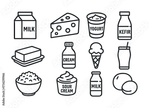 Dairy products icons: milk, cheese, yogurt, kefir, butter, cream, ice cream, sour cream