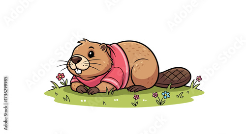 Adorable cartoon beaver illustration resting on a grassy patch amidst colorful flowers