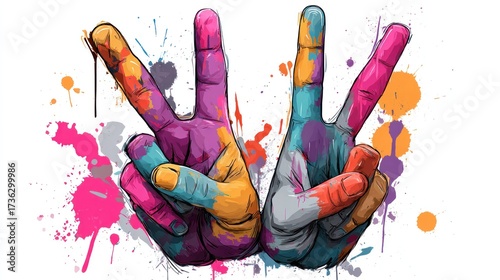 Two hands painted with vibrant colors, peace signs, artistic splashes