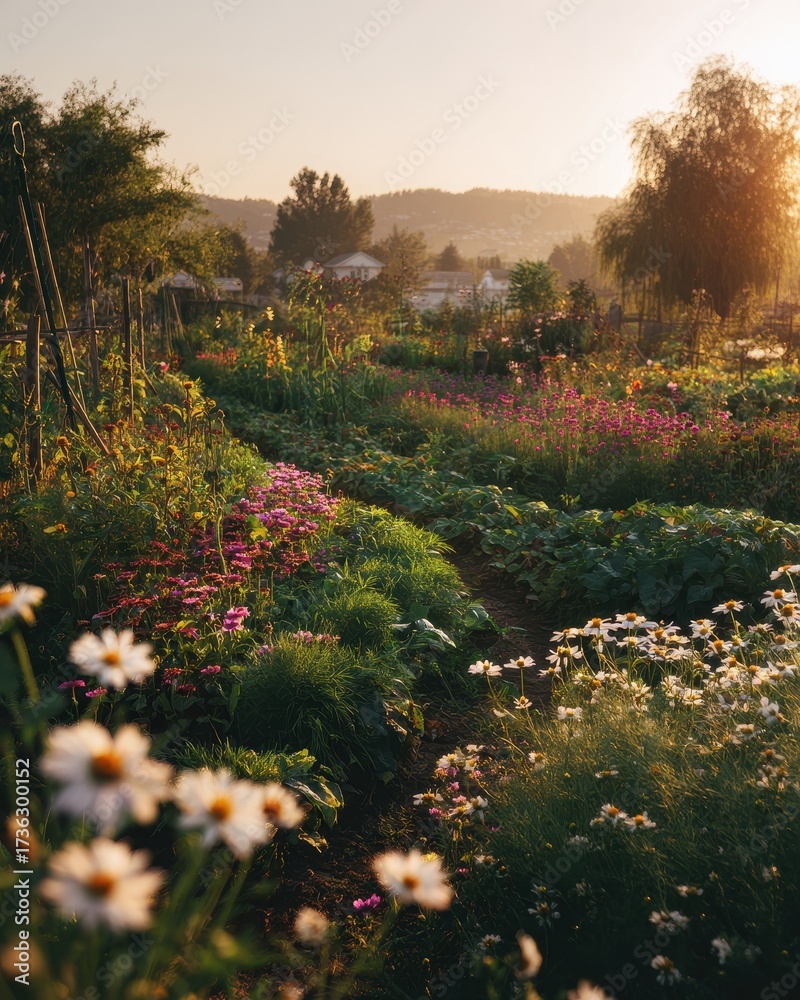 Obraz premium Peaceful Golden Hour Garden Scene with Blooming Daisies and Cultivated Rows.