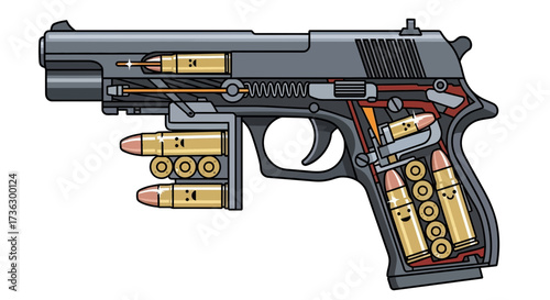 Anatomical funny illustration of a gun, with internal organs replaced by bullets loaded and smiling