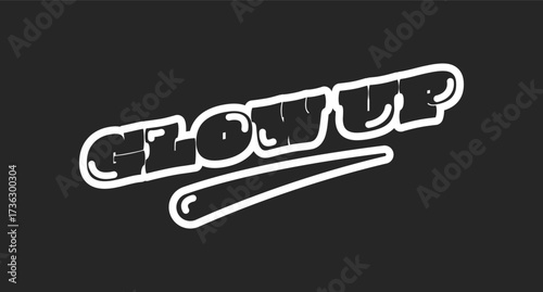 Glow up retro black outline social media phrase. Positive transformation. Gen z makeover lingo. Improvement self. Rounded bubble letters with swoosh. Vintage sports, varsity typography. Oi font used