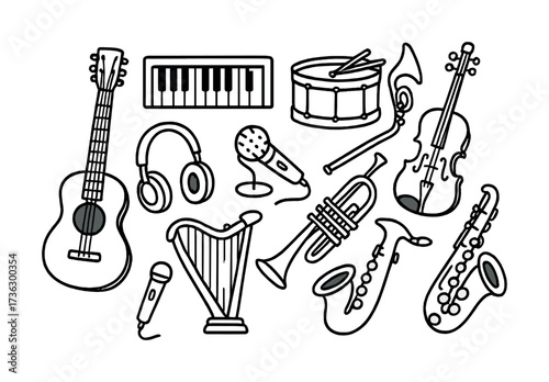 Musical instrument line art: guitar, piano, drums, violin, and more