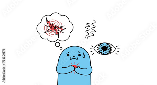 Cartoon depiction of anxiety, illustrating physical symptoms and mental distress with an