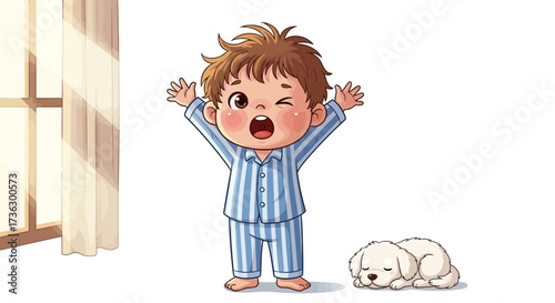 Cartoon illustration of a cute boy stretching after waking up with his puppy at dawn