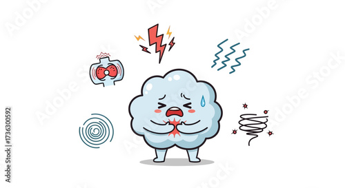 Cartoon cloud character experiencing chest pain, accompanied by dizziness and stress indicators