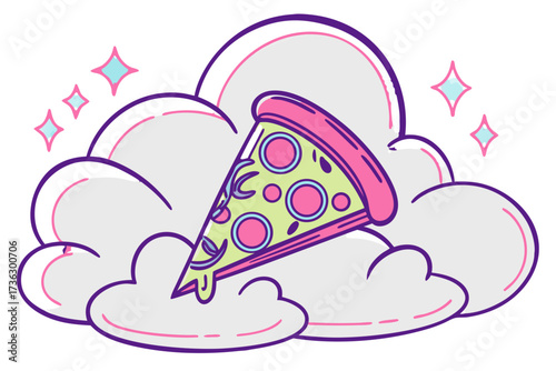 Slice of pizza on clouds, food concept