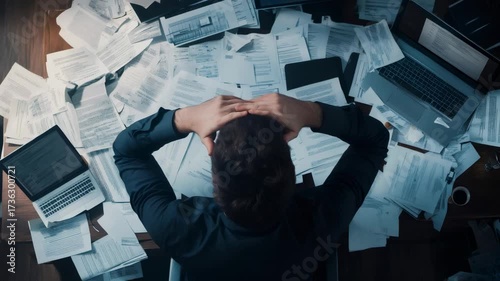 Overwhelmed businessman is holding his head in his hands while sitting at a desk full of paperwork and laptops, indicating stress and deadline pressure in a corporate office environment