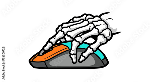Cartoon skeletal hand operating computer mouse depicts tireless work ethic for projects