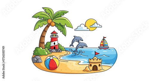 Cartoon tropical island paradise with playful dolphins, sailboat, and sandy beach