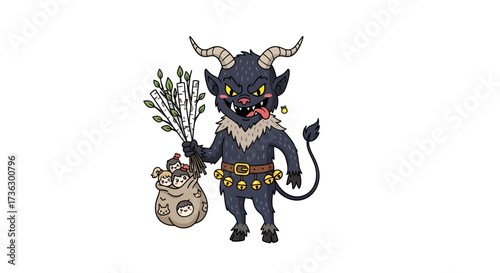 Cartoonish Krampus with birch branches and a sack, capturing the folklore essence