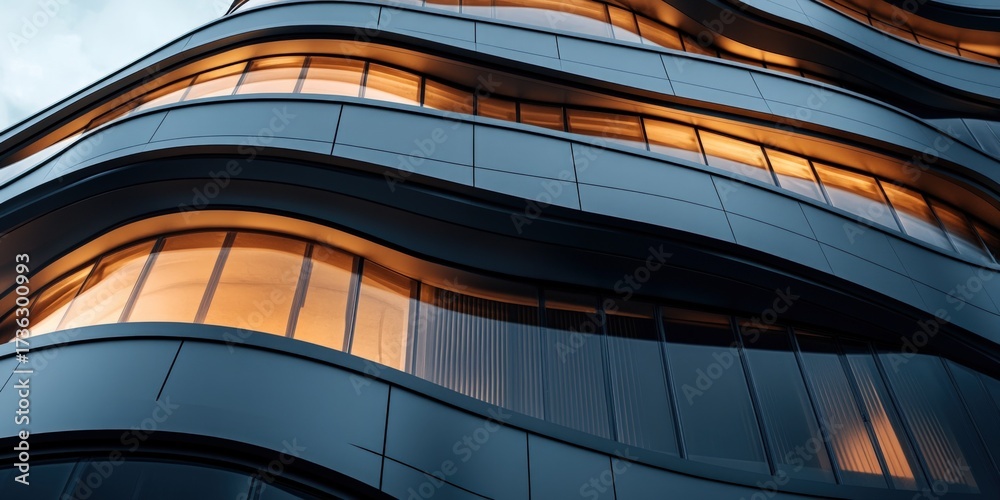 Fototapeta premium A modern skyscraper with a wave-like design, featuring warm interior lights reflected