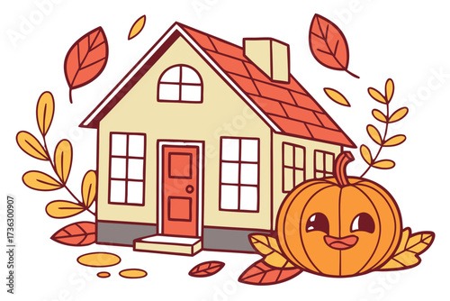 Cartoon house with a happy pumpkin and autumn leaves