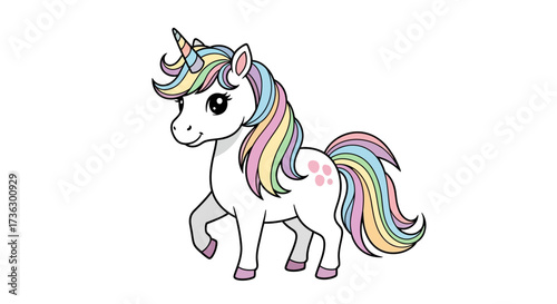 Charming illustration of a delightful unicorn with a colorful mane and tail design