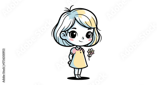 Charming little girl illustration holding a daisy with a shy smile and innocent expression