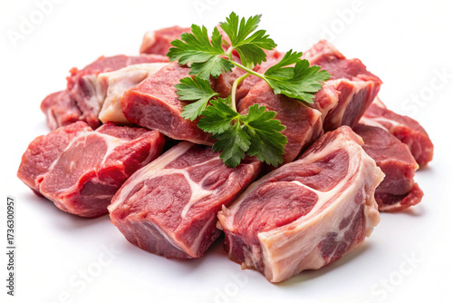 Uncooked Lamb Meat: A close-up shot of raw lamb meat, with a sprig of fresh parsley, perfect for food-related projects and culinary creations.