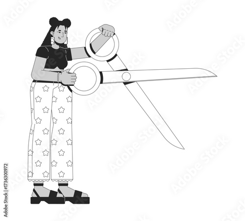 Latina woman holding oversized scissors 2D line character. Budget cut, creativity, symbolic decision-making. Female with giant tool isolated vector ink outline person. Monochromatic spot illustration