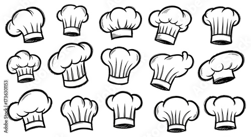 Chef hats variations sketches illustration, cooking concept with many chef hats shapes