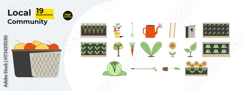 Local garden and farming cartoon flat illustrations mega bundle. Vegetables harvest, tools, plants, leafy greens, organic crops 2D images isolated on white. Collection vector drawings colorful