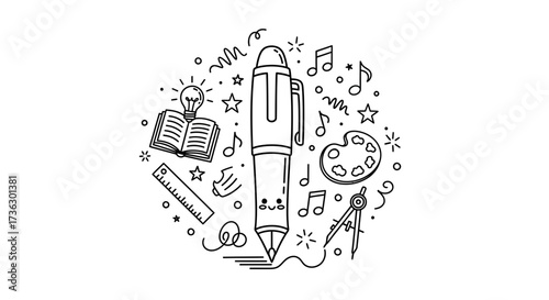 Creative doodle art: A cheerful pen surrounded by elements of study and creativity
