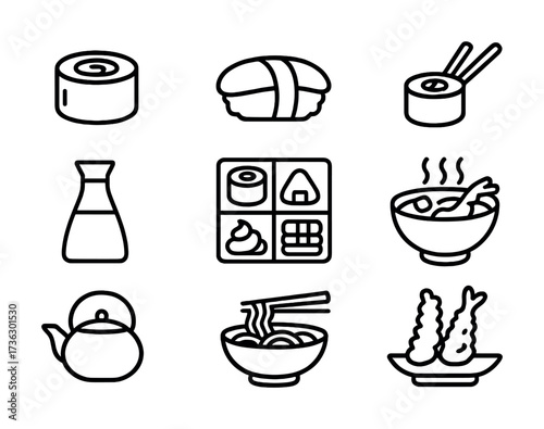 Outline icons of japanese cuisine with sushi, ramen, and tempura