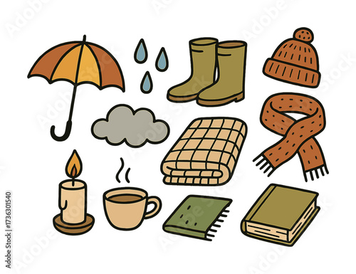 Cozy autumn essentials with umbrella, warm clothes, and hot drink