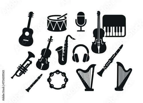 Silhouette collection of musical instruments and audio equipment