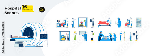 Medical and hospital scenes cartoon flat illustrations mega bundle. MRI, surgery, ward consultation. Diverse doctors, nurses, patients 2D images isolated on white. Collection vector drawings colorful