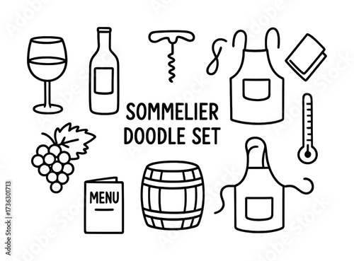 Sommelier doodle set: wine glass, bottle, corkscrew, apron, grapes, barrel, thermometer