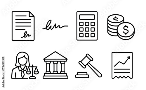 Legal and financial icons: contract, signature, calculator, coins, lawyer, courthouse, gavel, chart