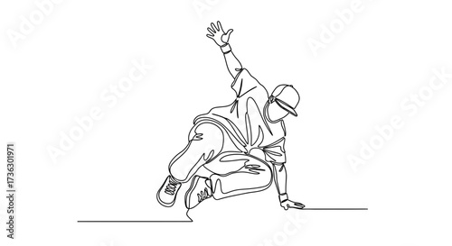 Dynamic breakdancer depicted in a minimalist continuous line art style illustration