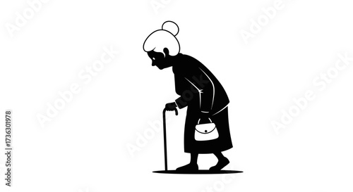 Elderly woman silhouette gracefully walking with a cane depicting aging and wisdom