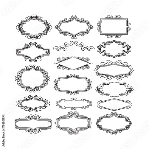 Large set vector black silhouette frame cartouches badges silhouette vector