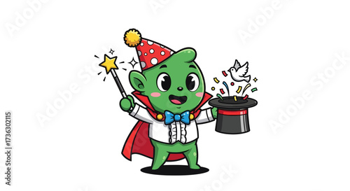 Enchanting green magician character cartoon with magic wand, hat, and a white dove illustration